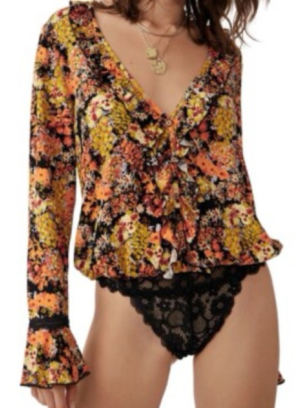 Free People Yellow Multi Floral Ruffle V-Neck Bodysuit